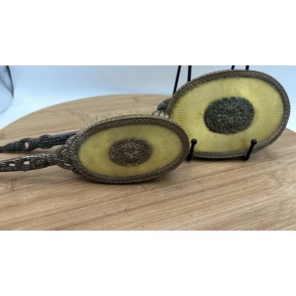 Apollo Hand Mirror & Brush Set Ormolu Filigree Floral Vanity Hollywood Regency Vanity Mirrors